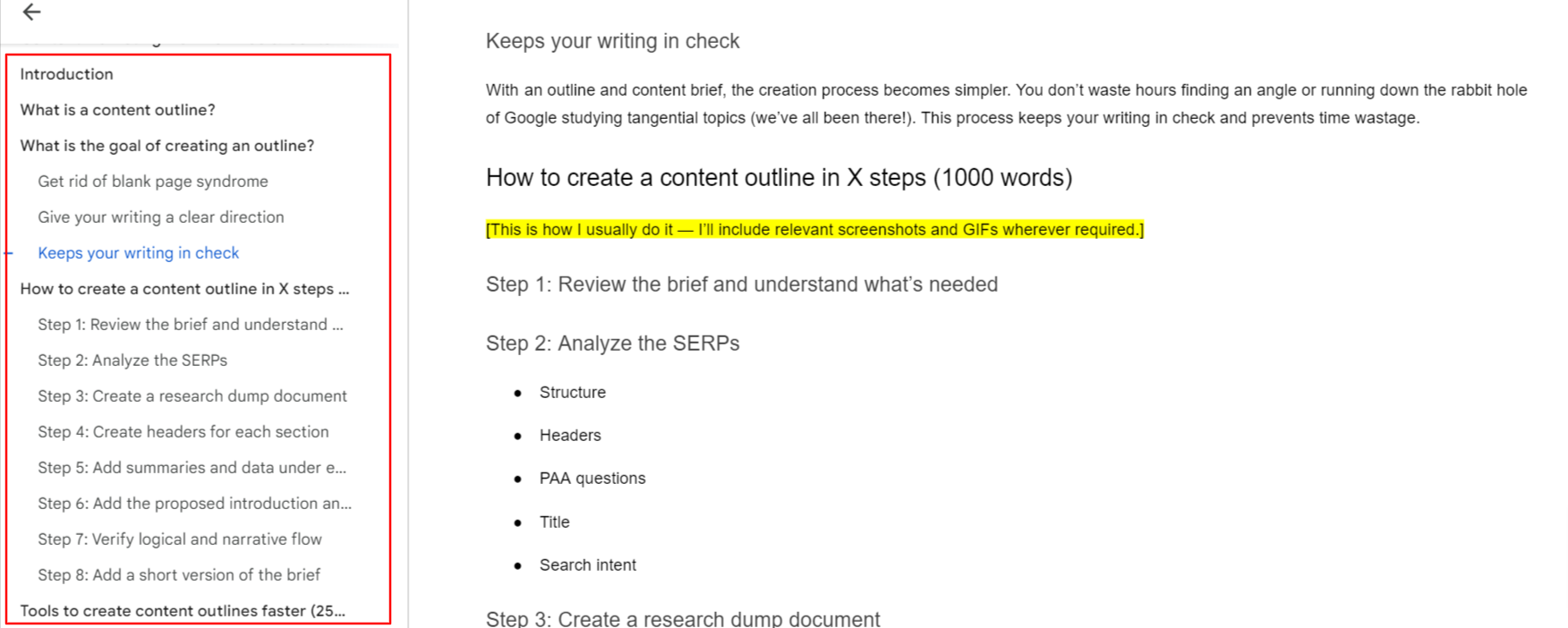 Outline feature on Google Docs