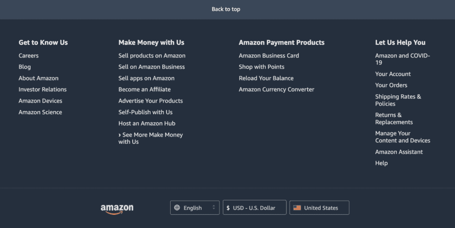 Footer Links Example #1: Amazon