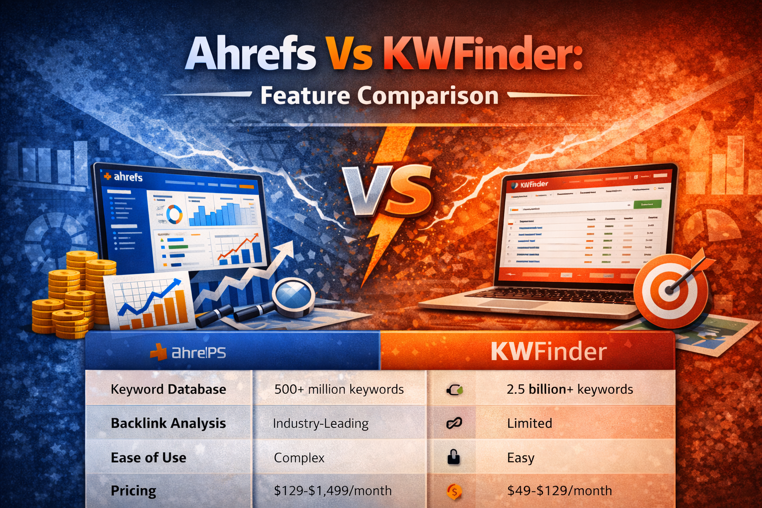 Ahrefs vs KWFinder feature comparison chart showing keyword database, backlink analysis, ease of use, and pricing differences
