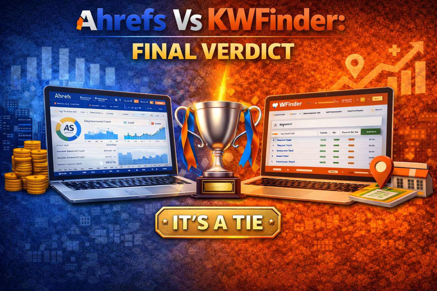 Ahrefs vs KWFinder final verdict showing both SEO tools as equal winners with a tie comparison