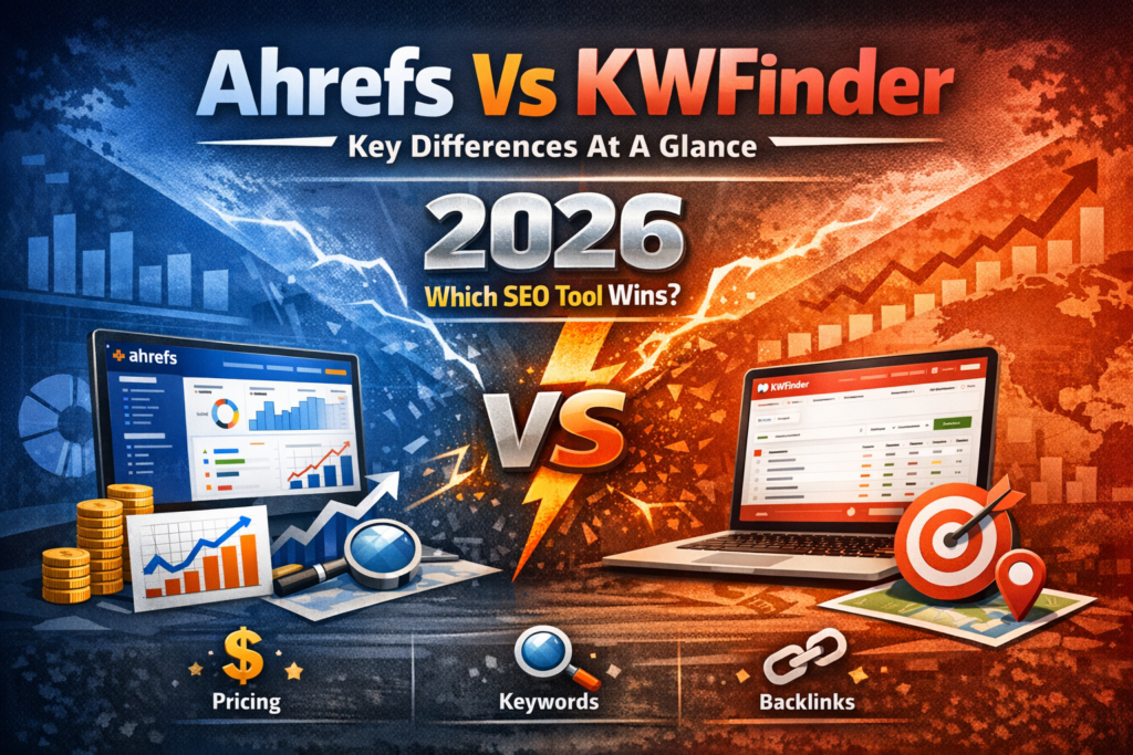 Ahrefs vs KWFinder comparison infographic showing key differences in pricing, keywords, and backlink analysis in 2026