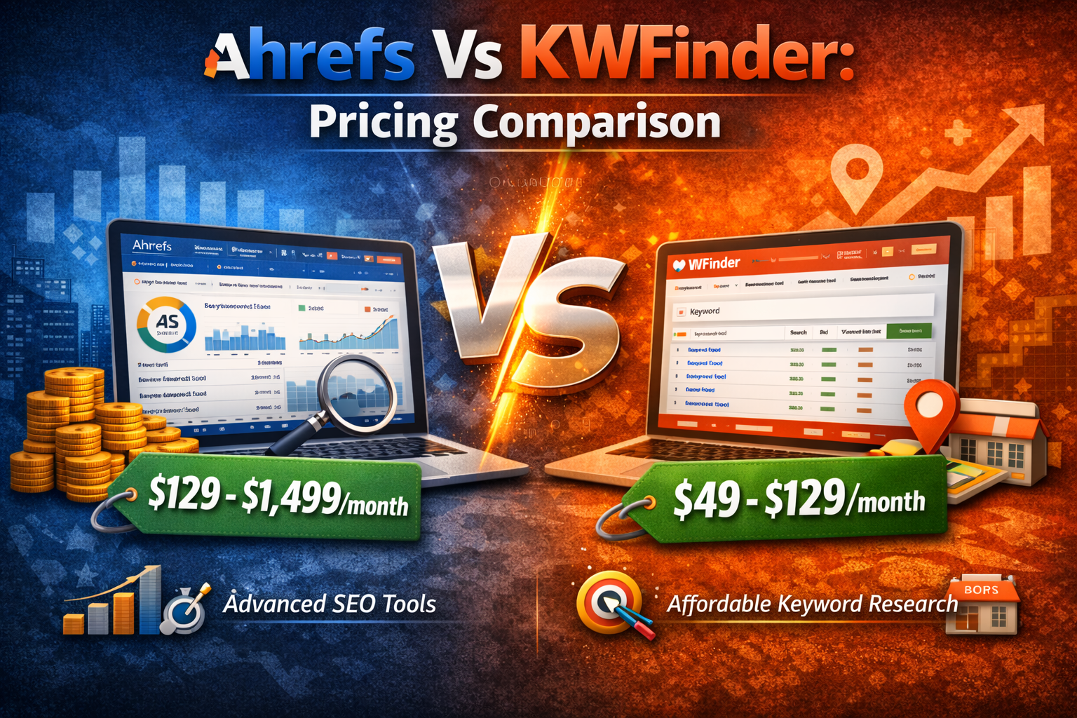 Ahrefs vs KWFinder pricing comparison showing monthly plans, SEO features, and keyword research tool differences for 2026