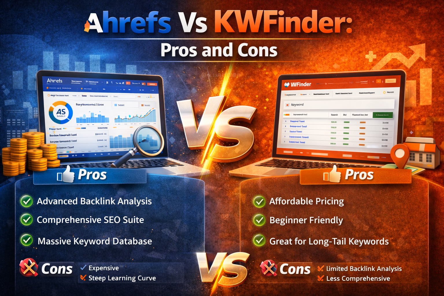 Ahrefs vs KWFinder pros vs cons comparison image showing SEO tool strengths, pricing value, and keyword research differences