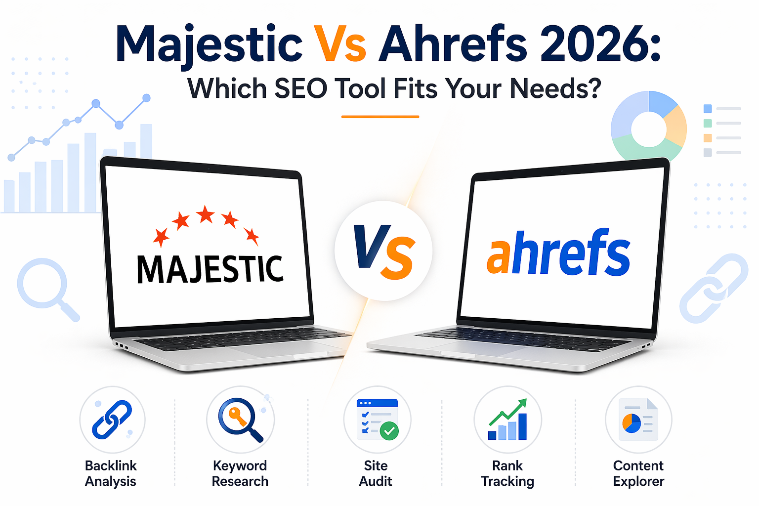 Majestic vs Ahrefs 2026 comparison showing two laptops with SEO tools, backlink analysis, keyword research, and site audit features.