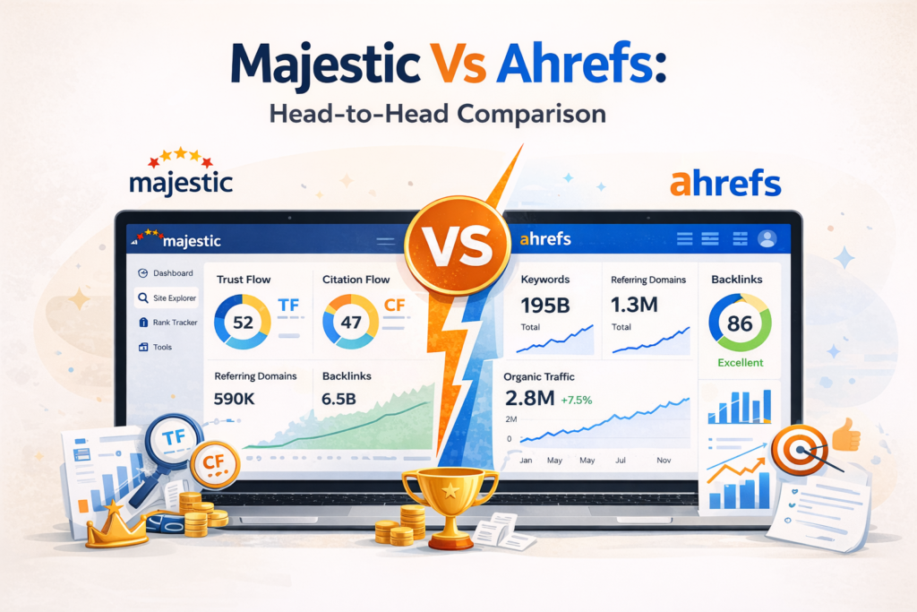 Majestic vs Ahrefs head-to-head comparison showing SEO metrics, backlinks data, and dashboard overview