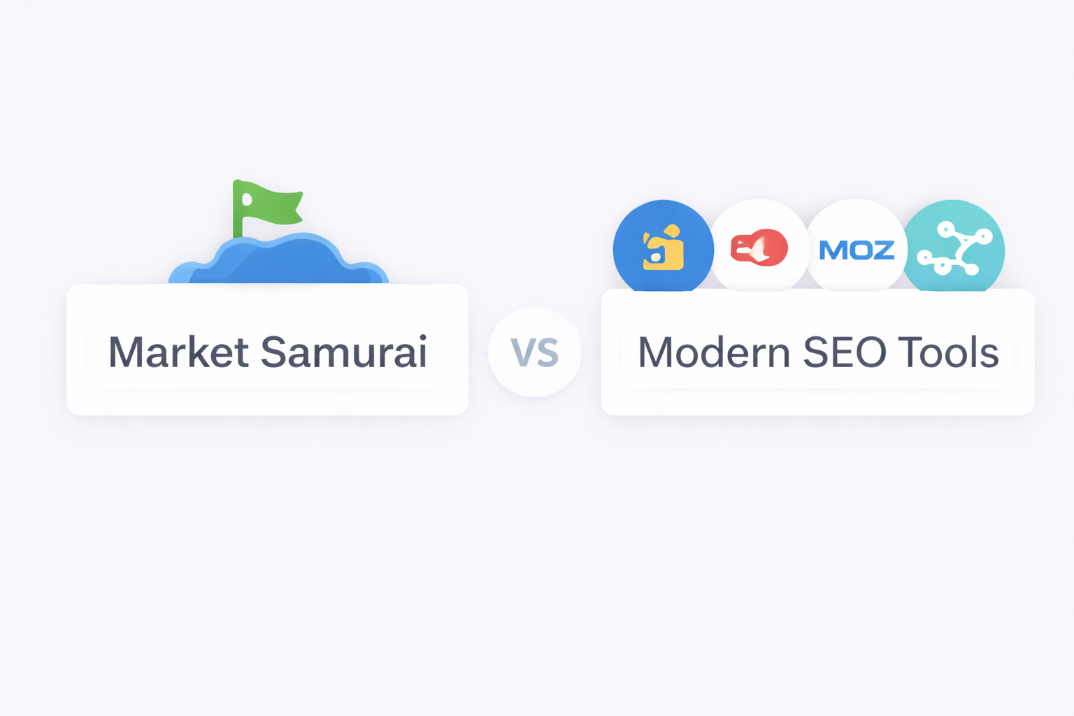 Market Samurai vs modern SEO tools comparison with large tool icons in a minimal layout