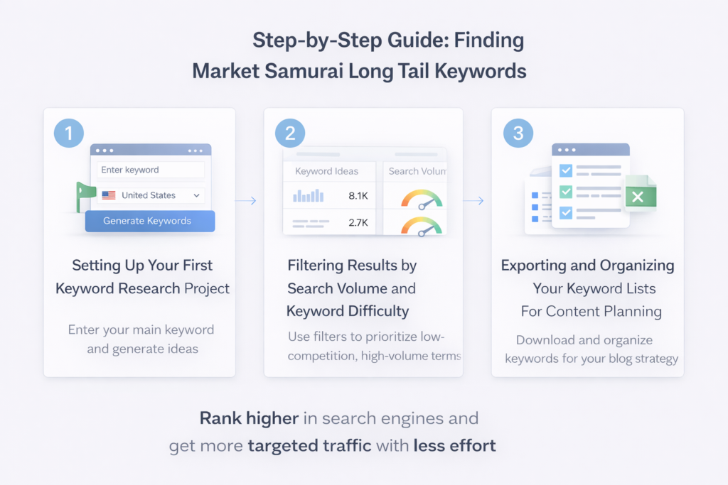 Step-by-step guide to finding long tail keywords using Market Samurai including keyword setup, filtering by difficulty, and organizing keyword lists