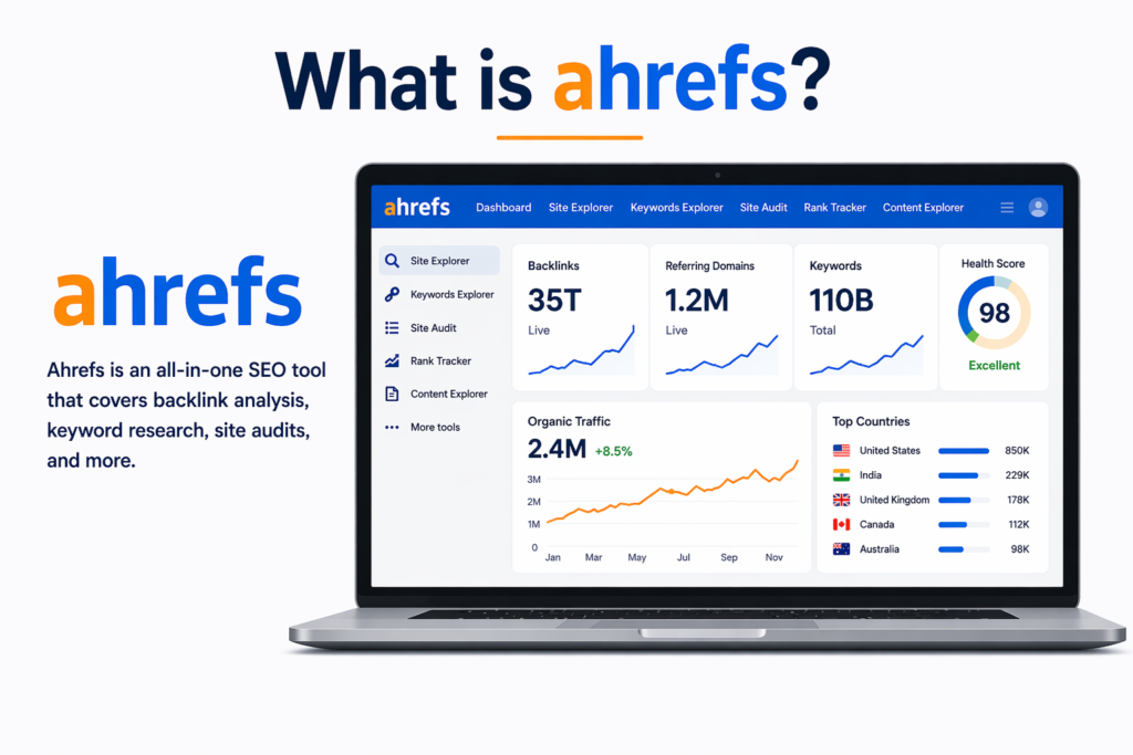 Ahrefs SEO tool overview showing dashboard with backlinks, keywords, and traffic metrics on a laptop with a clean white background.