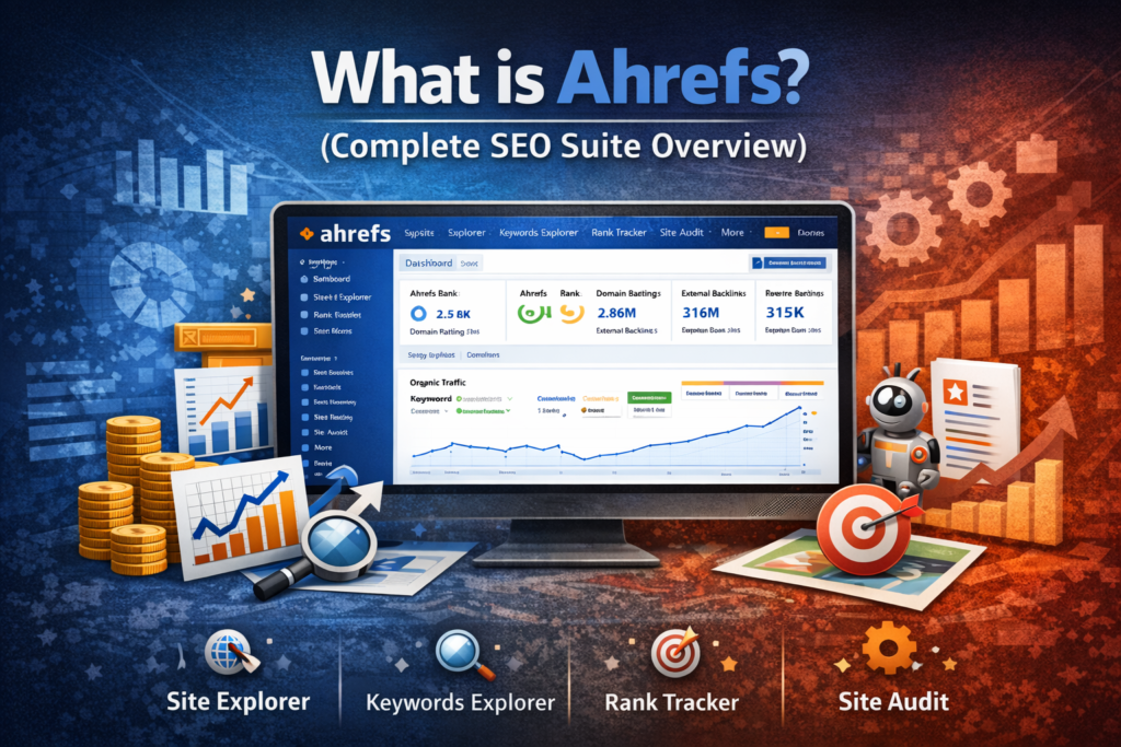 Ahrefs SEO tool dashboard overview showing Site Explorer, Keywords Explorer, Rank Tracker and Site Audit features