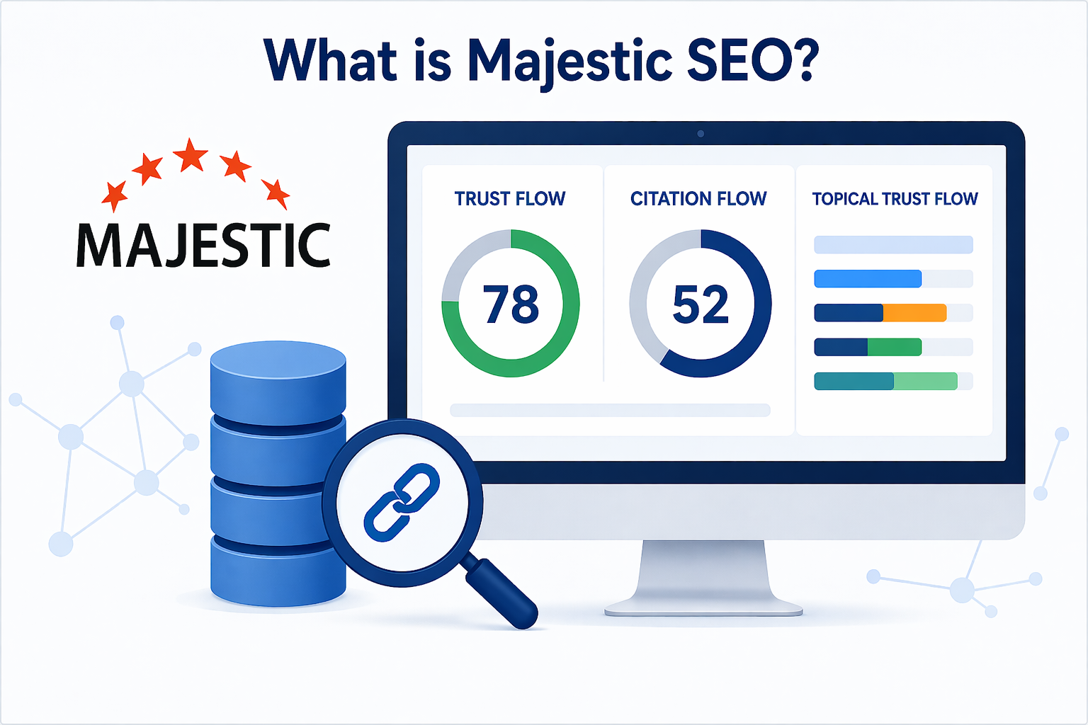 Illustration of Majestic SEO dashboard showing Trust Flow, Citation Flow, and Topical Trust Flow metrics on a clean light background with backlink analysis visuals.