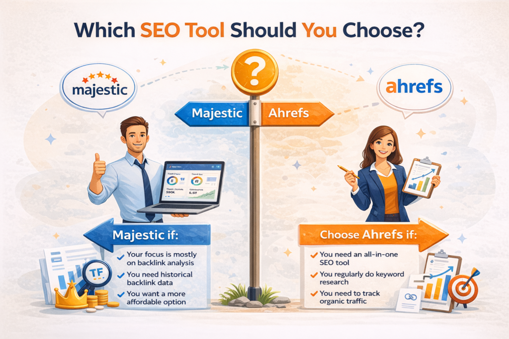 Which SEO tool should you choose illustration comparing Majestic vs Ahrefs with decision factors