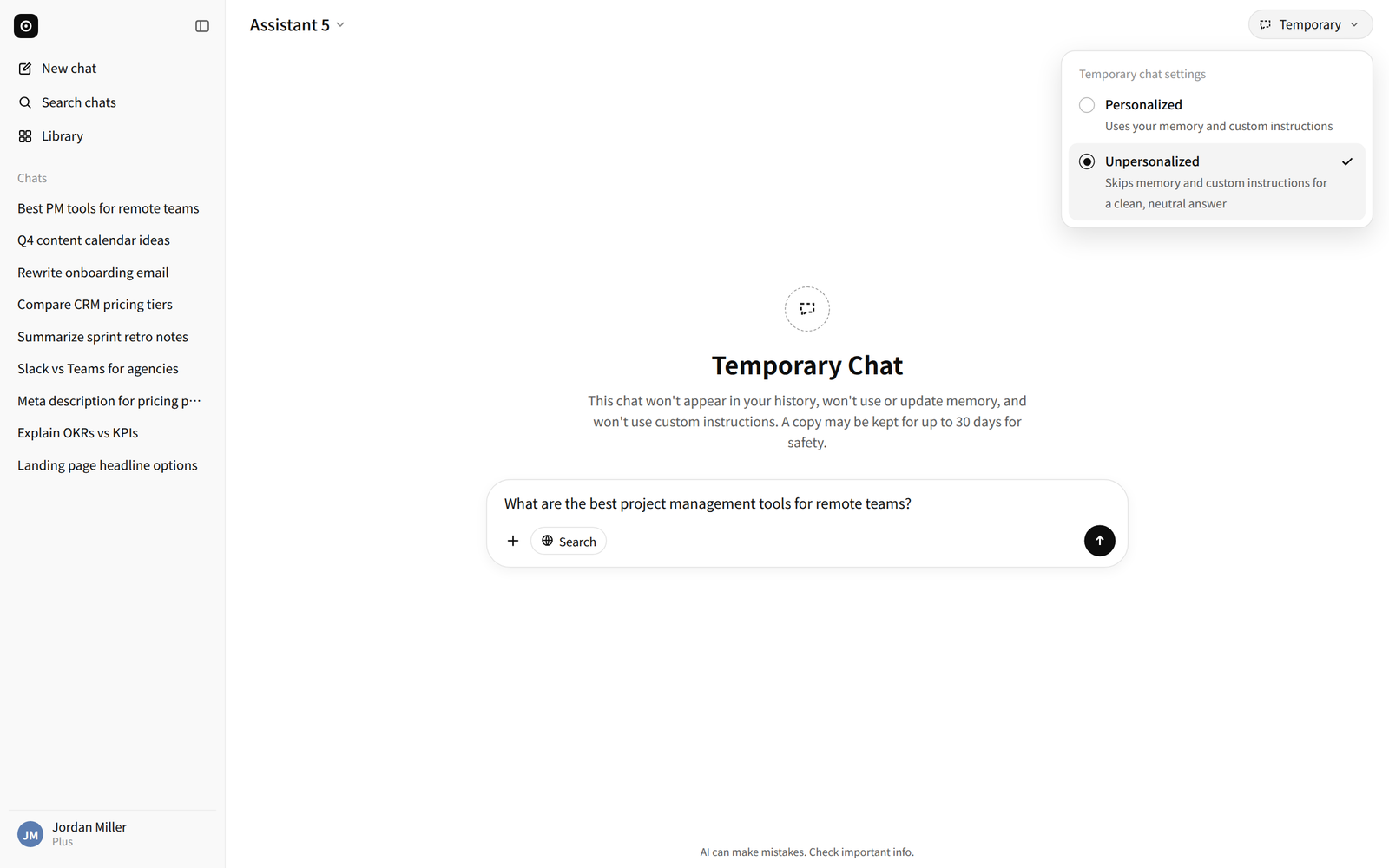 ChatGPT Temporary Chat set to unpersonalized for brand monitoring